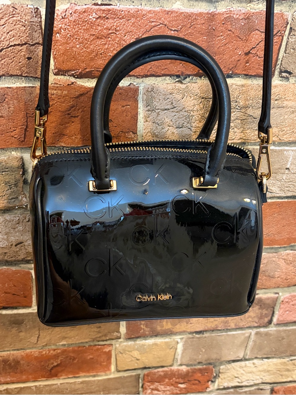Calvin Klein Black Patent Mini Satchel with Gold Hardware
